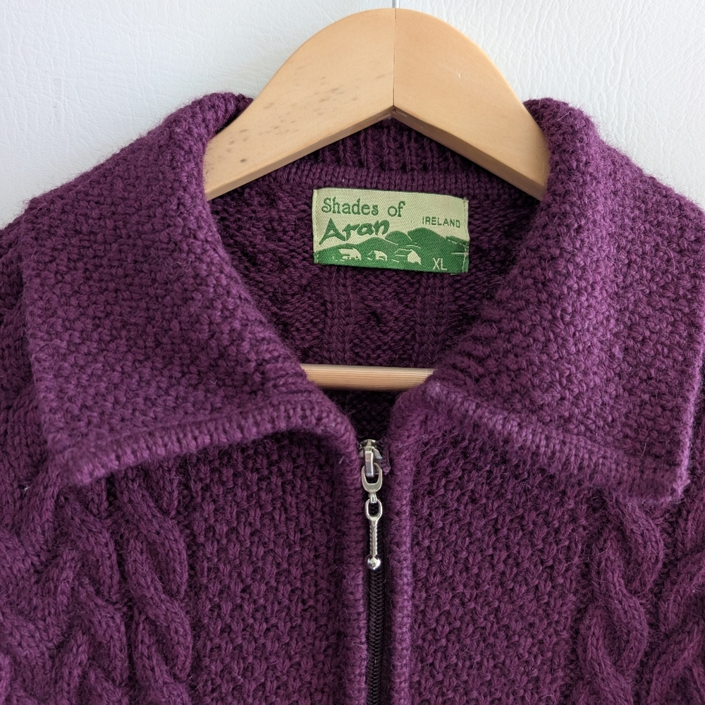 Shades Of Aran Ireland Purple Wool Fisherman Cable Knit Zipper Cardigan Sweater - Picture 3 of 13
